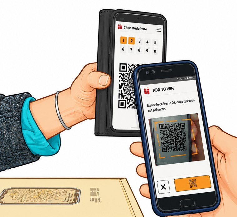 Le commerçant présente le QR code affiché par BadgeToWin ; le client le scanne avec AddToWin.