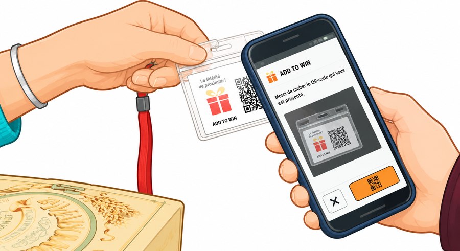 Le commerçant présente son badge physique avec QR code ; le client le scanne avec AddToWin.